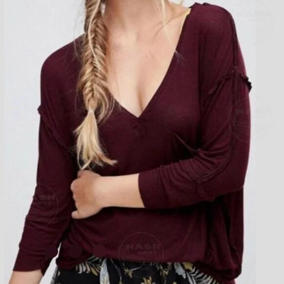 We The Free Free People S Oversized V-Neck Top | Wine Soft Boho Tee T-shirt - Picture 1 of 8